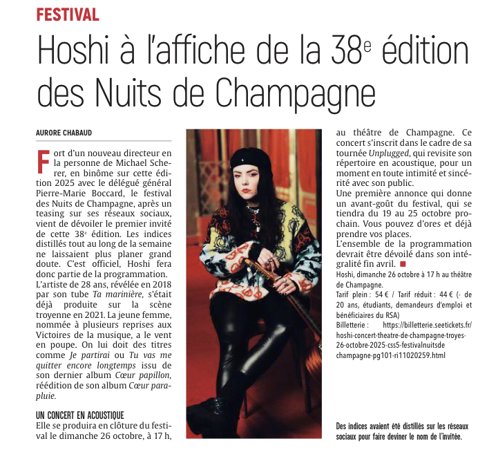 Hoshi à l’affiche de la 38e édition des Nuits de Champagne