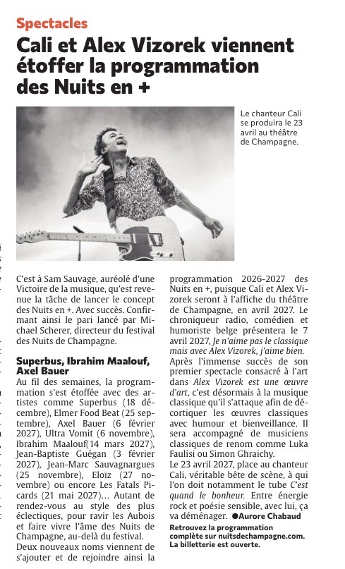 Cali et Alex Vizorek viennent étoffer la programmation des Nuits en +
