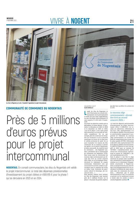 Vivre à Nogent : Près de 5millions d'euros pour le projet intercommunal