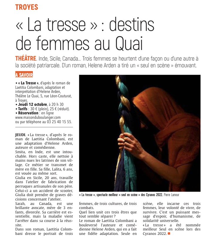 «La tresse» : Destin de femmes au Quai.