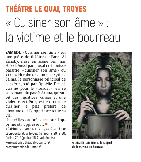 « Cuisiner son âme » : la victime et le bourreau samedi 12 avril à Troyes