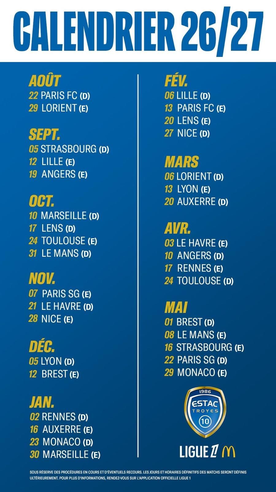 Le calendrier 2026/2027 pour l'ESTAC
