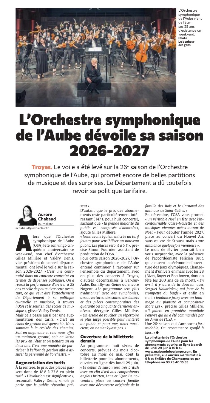 L’Orchestre symphonique de l’Aube dévoile ce mardi sa saison 2023-2024