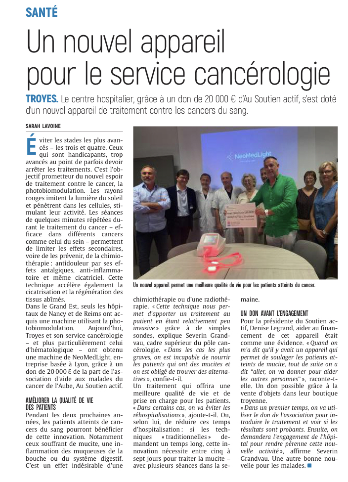 DON du Soutien Actif : Un nouvel appareil pour le service cancérologie.