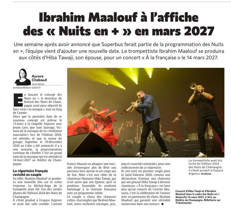 Ibrahim Maalouf à l’affiche des Nuits en + à Troyes le 14 mars 2027
