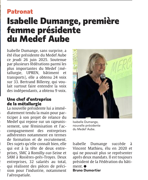 Isabelle Dumange, première femme présidente du Medef Aube