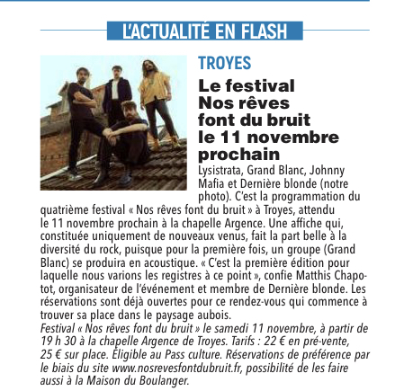 Le festival Nos rêves font du bruit, le 11 novembre prochain !