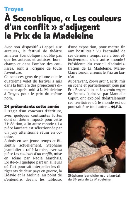 Scenoblique à Troyes, le Prix de la Madeleine pour « Les couleurs d’un conflit »