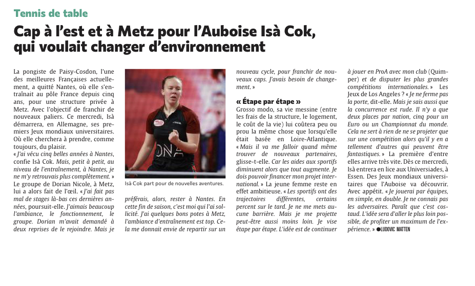 Cap à l'Est pour Isà Cok, notre pépite tennis de table internationale française.
