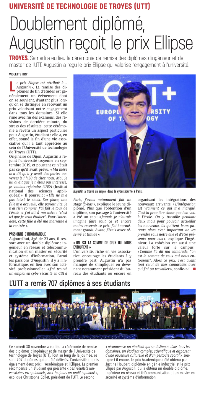 Doublement diplômé, Augustin reçoit le prix Ellipse