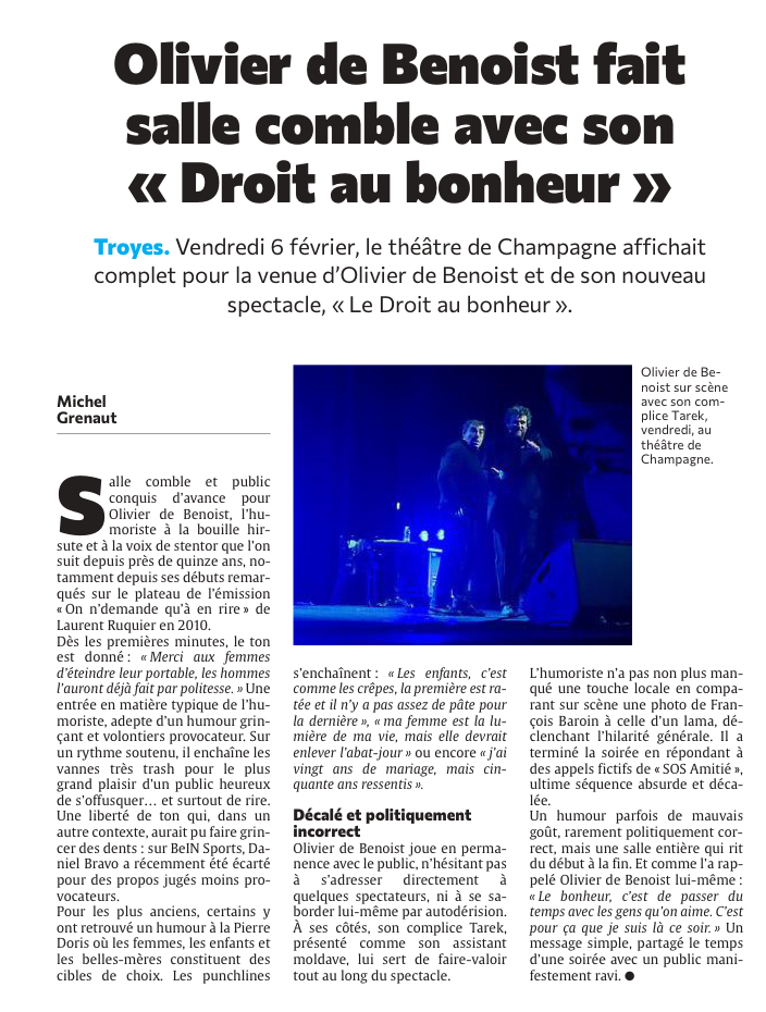 Olivier de Benoist fait salle comble avec son « Droit au bonheur »