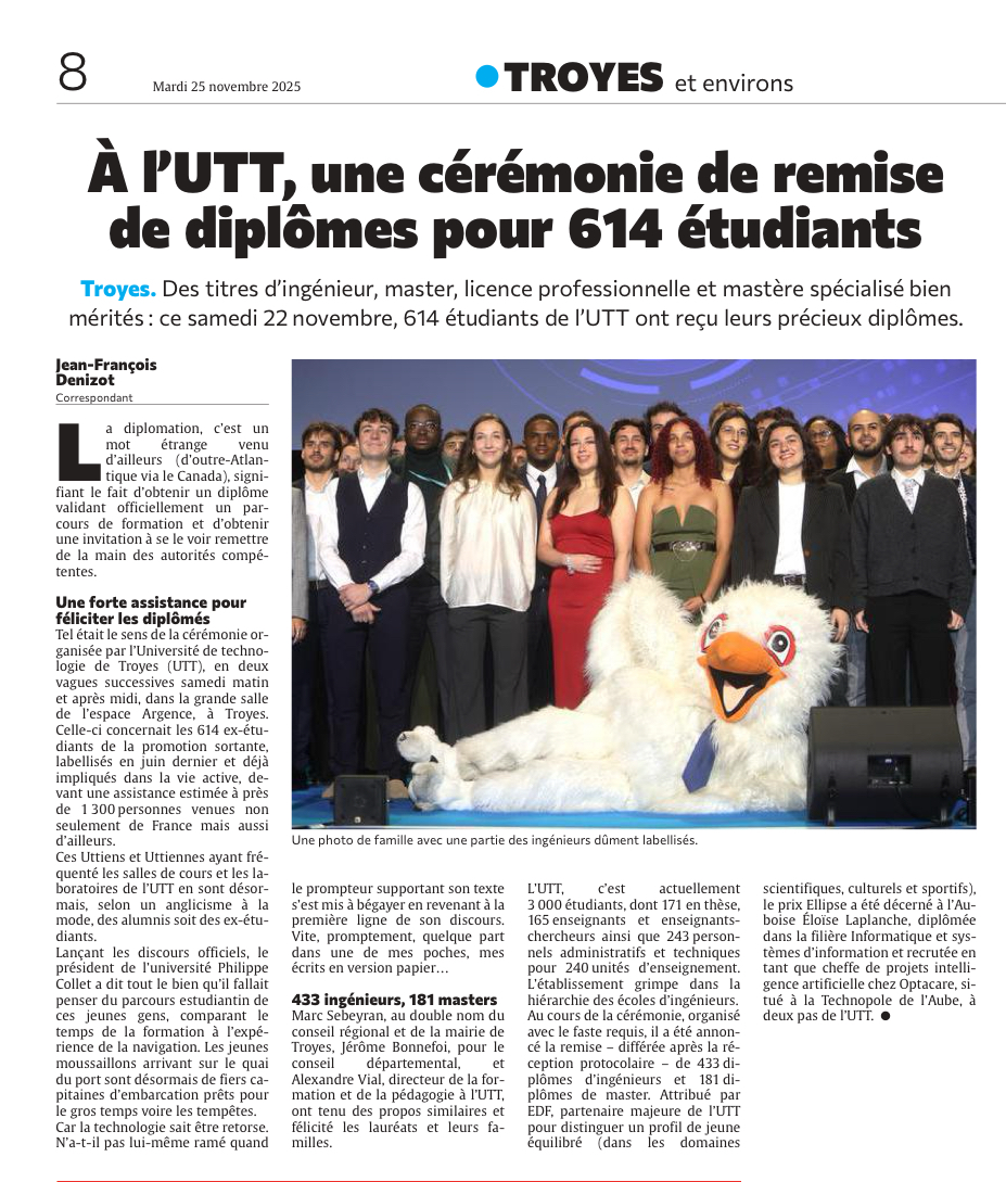 À l’UTT à Troyes, une cérémonie de remise de diplômes pour 614 étudiants